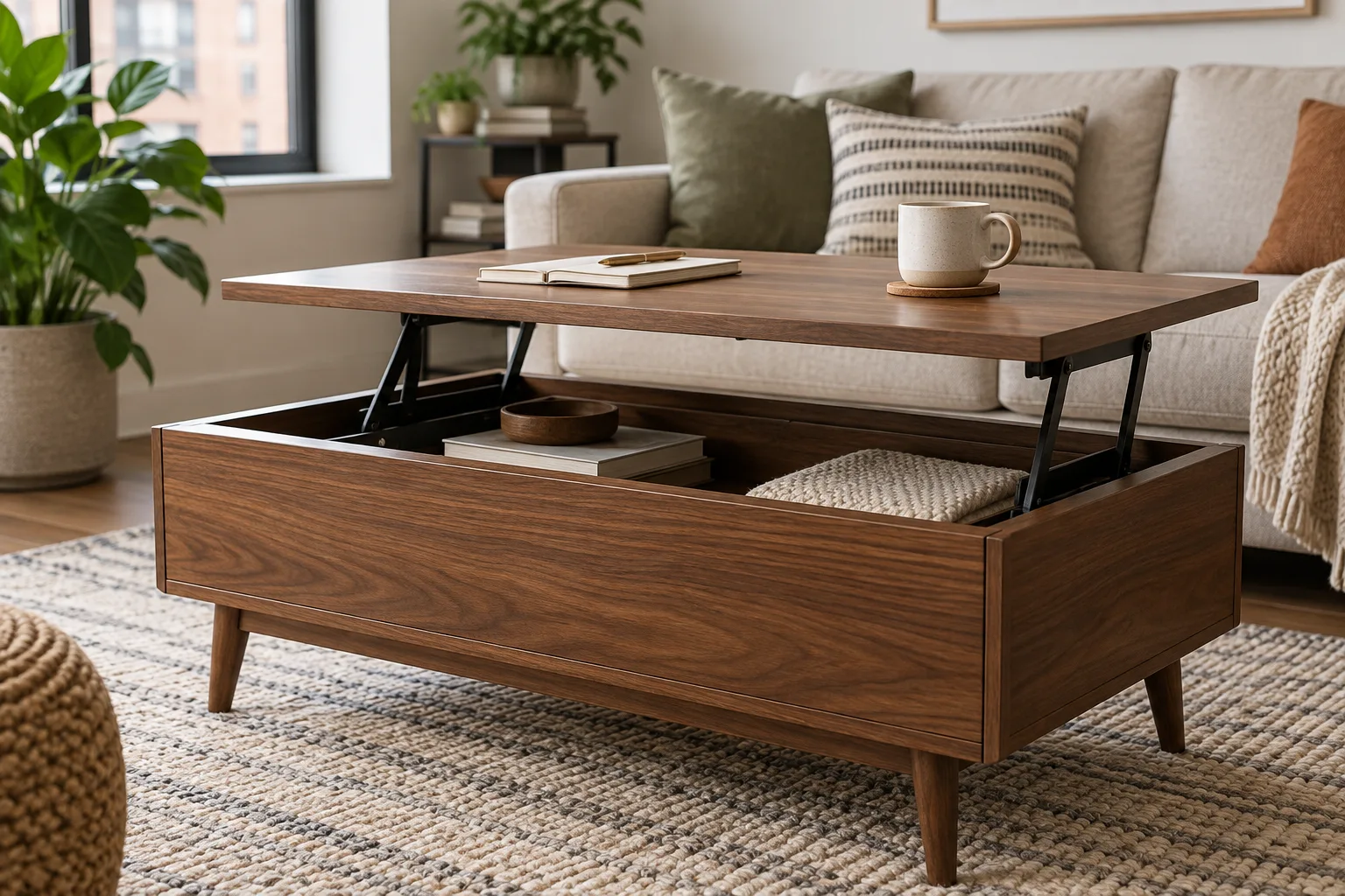 Walnut lift-top coffee table raised over a compact living room seating area