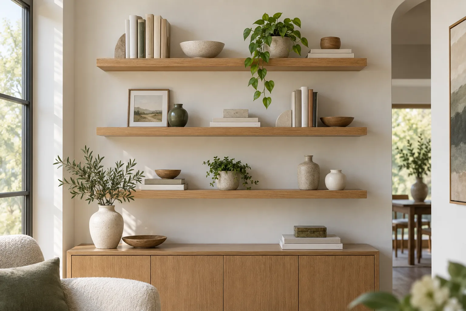 Oak floating shelves styled above a low console with books and pottery