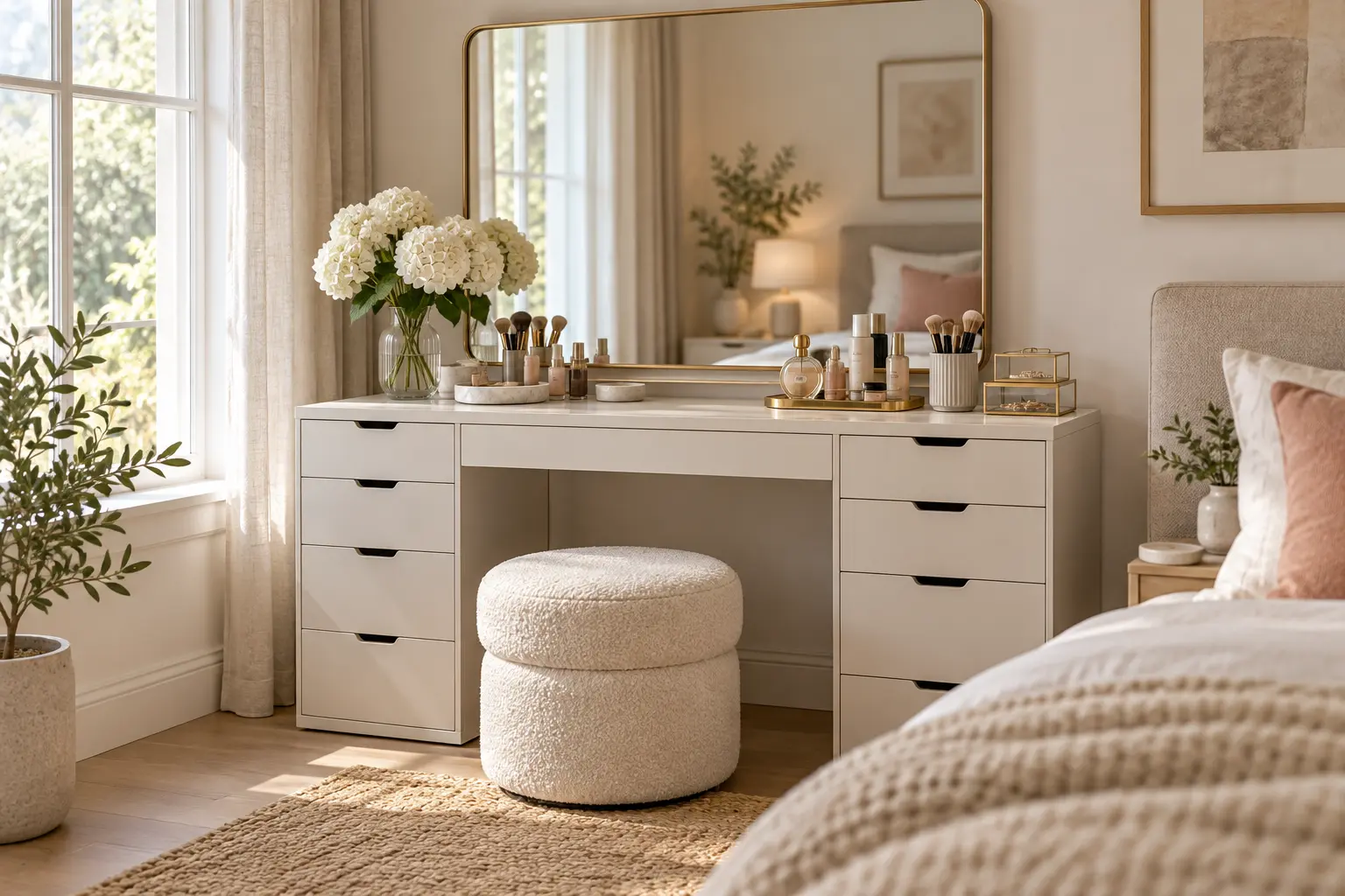 Compact makeup vanity with mirror and organized beauty storage
