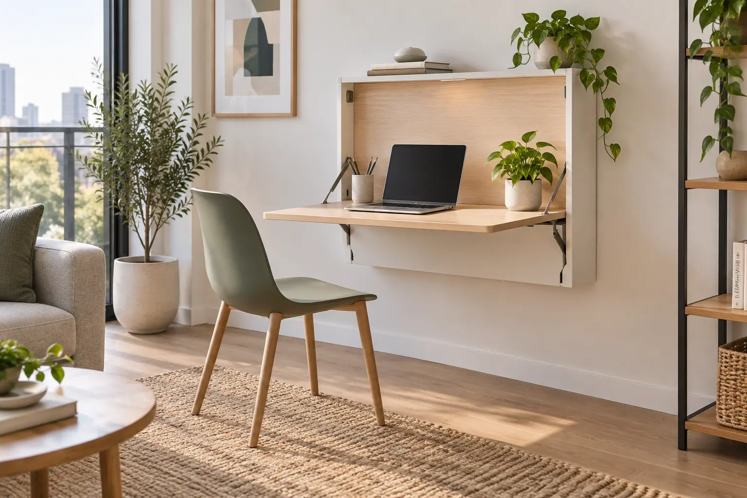 Wall mountable desk arranged as a compact home workspace